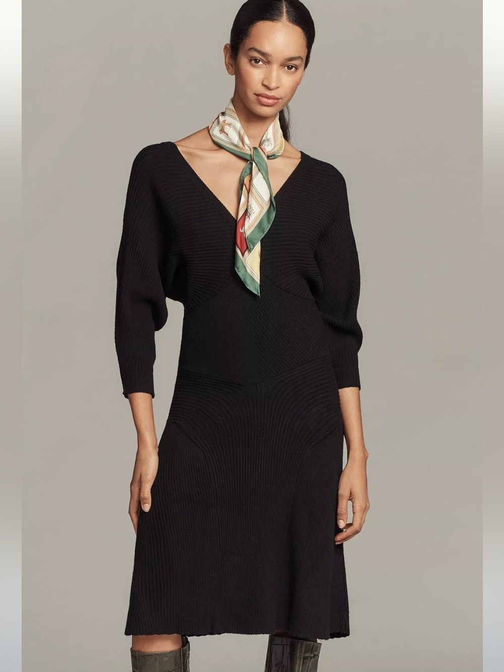 Anthropologie $168 Onyx Black Smocked-Waist Ribbed Sweater Dress